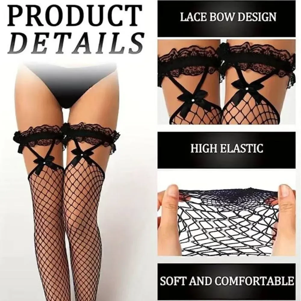 Rhinestone Garter Bow Lace Trim Fishnet Thigh Highs-A